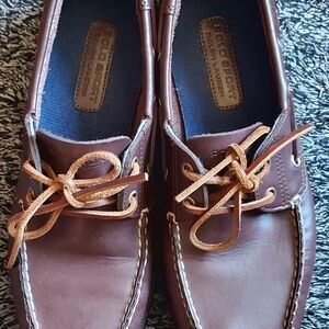 Unisex Ralph Lauren Brown Leather Boat Shoes with Moccasin Construction